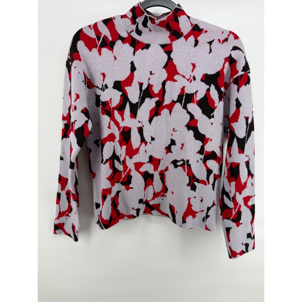 Anthropologie Mock Neck Abstract Floral Intarsia Sweater Red Grey Black XS